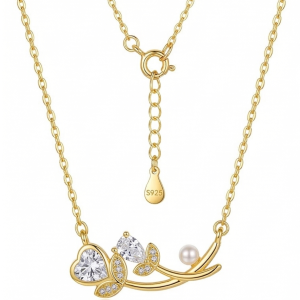925 Sterling Silver Floral Branch Heart and Pearl Necklace Jewellery in Gold Plated Finish