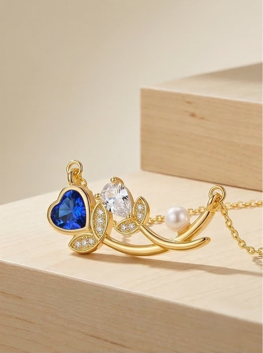 925 Sterling Silver Blue Heart and Pearl Floral Necklace Jewellery for Women with Gold Finish