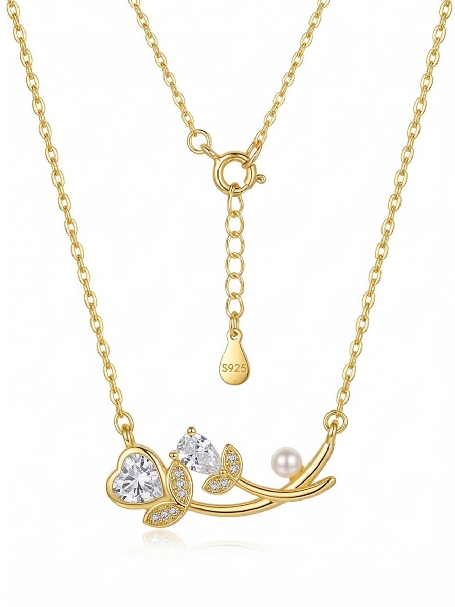 925 Sterling Silver Floral Branch Heart and Pearl Necklace Jewellery in Gold Plated Finish