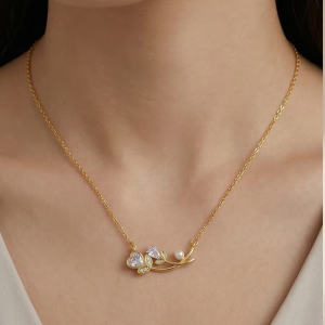 925 Sterling Silver Floral Branch Heart and Pearl Necklace Jewellery in Gold Plated Finish