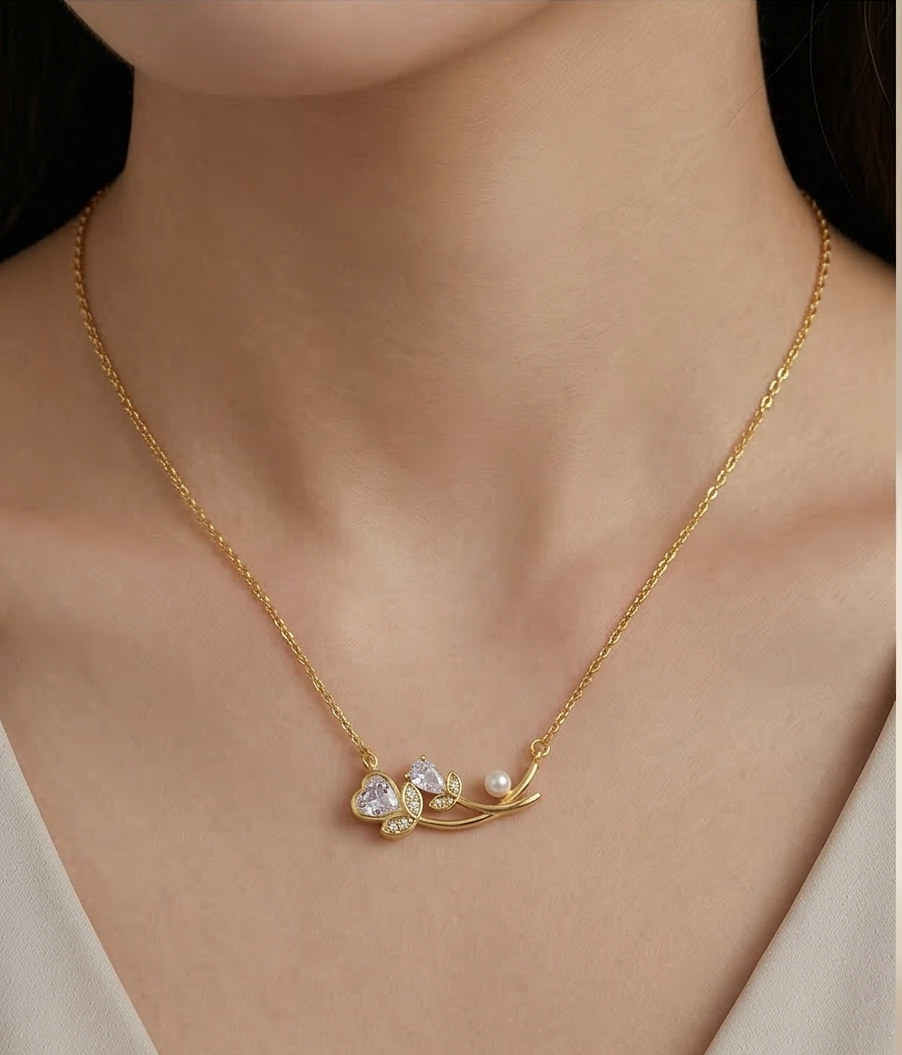 925 Sterling Silver Floral Branch Heart and Pearl Necklace Jewellery in Gold Plated Finish