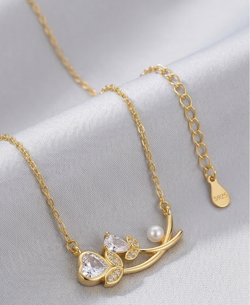 925 Sterling Silver Floral Branch Heart and Pearl Necklace Jewellery in Gold Plated Finish