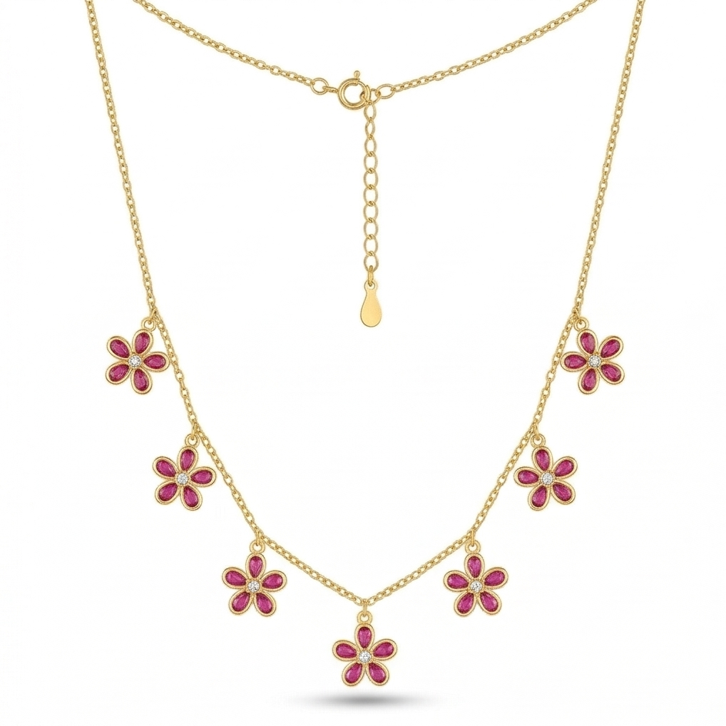 925 Sterling Silver Pink Floral Charm Necklace Jewellery for Women with Gold Finish