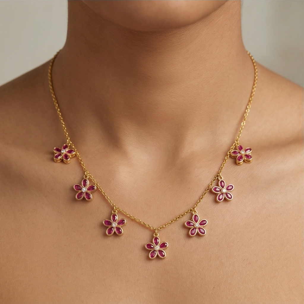 925 Sterling Silver Pink Floral Charm Necklace Jewellery for Women with Gold Finish
