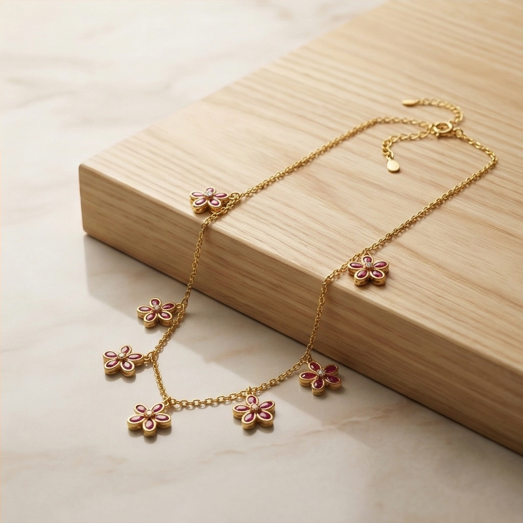 925 Sterling Silver Pink Floral Charm Necklace Jewellery for Women with Gold Finish