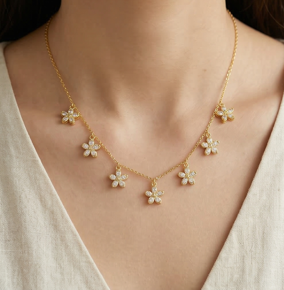 925 Sterling Silver Clear Floral Charm Necklace Jewellery for Women with Gold Finish