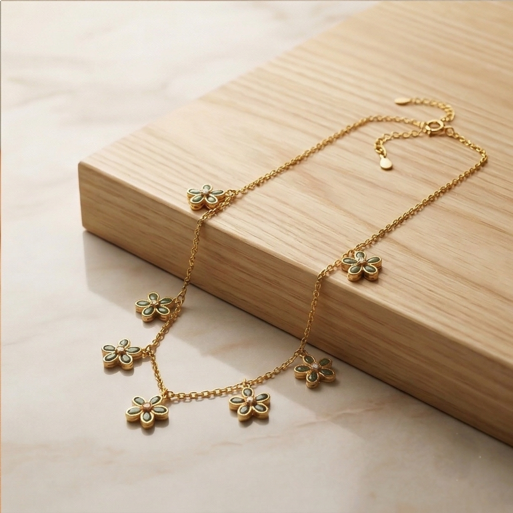 925 Sterling Silver Green Floral Charm Necklace Jewellery for Women with Gold Finish
