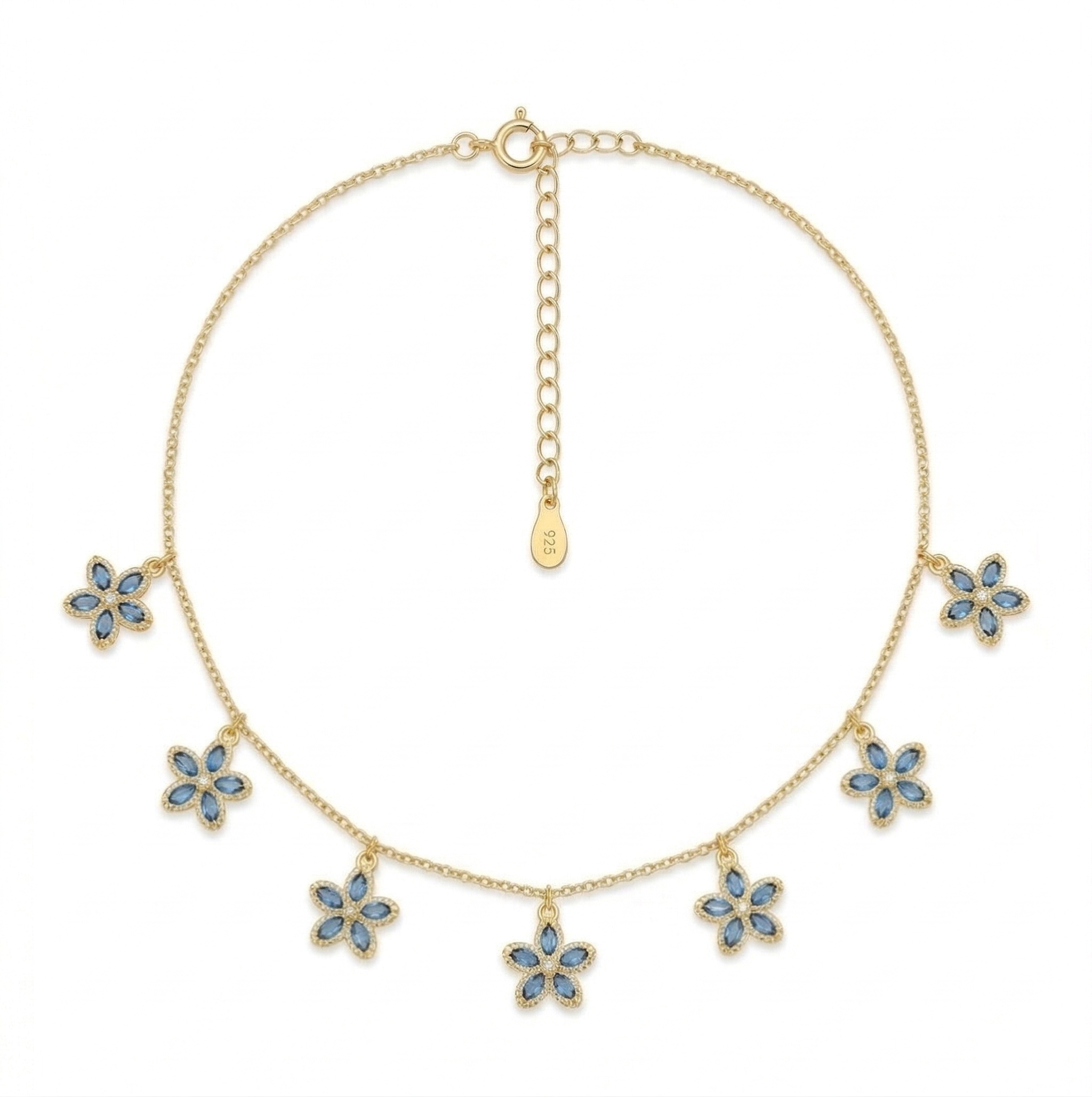 925 Sterling Silver Floral Charm Necklace for Women with Gold Finish Blue Flower Jewellery