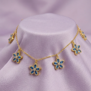 925 Sterling Silver Floral Charm Necklace for Women with Gold Finish Blue Flower Jewellery