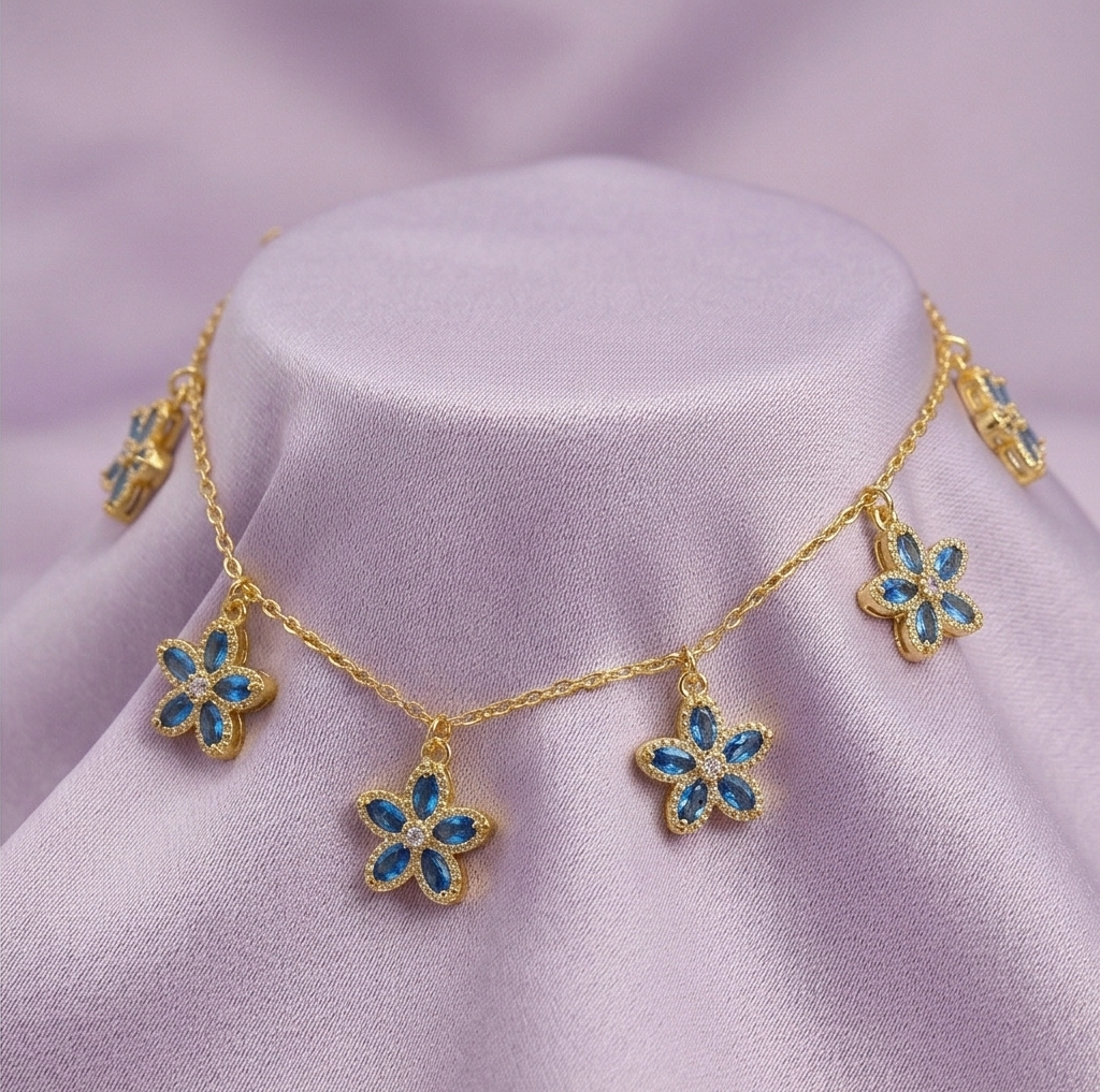 925 Sterling Silver Floral Charm Necklace for Women with Gold Finish Blue Flower Jewellery