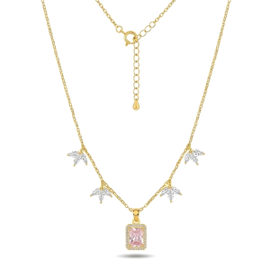 925 Sterling Silver Pink Rectangular Halo Necklace Jewellery for Women with Gold Finish