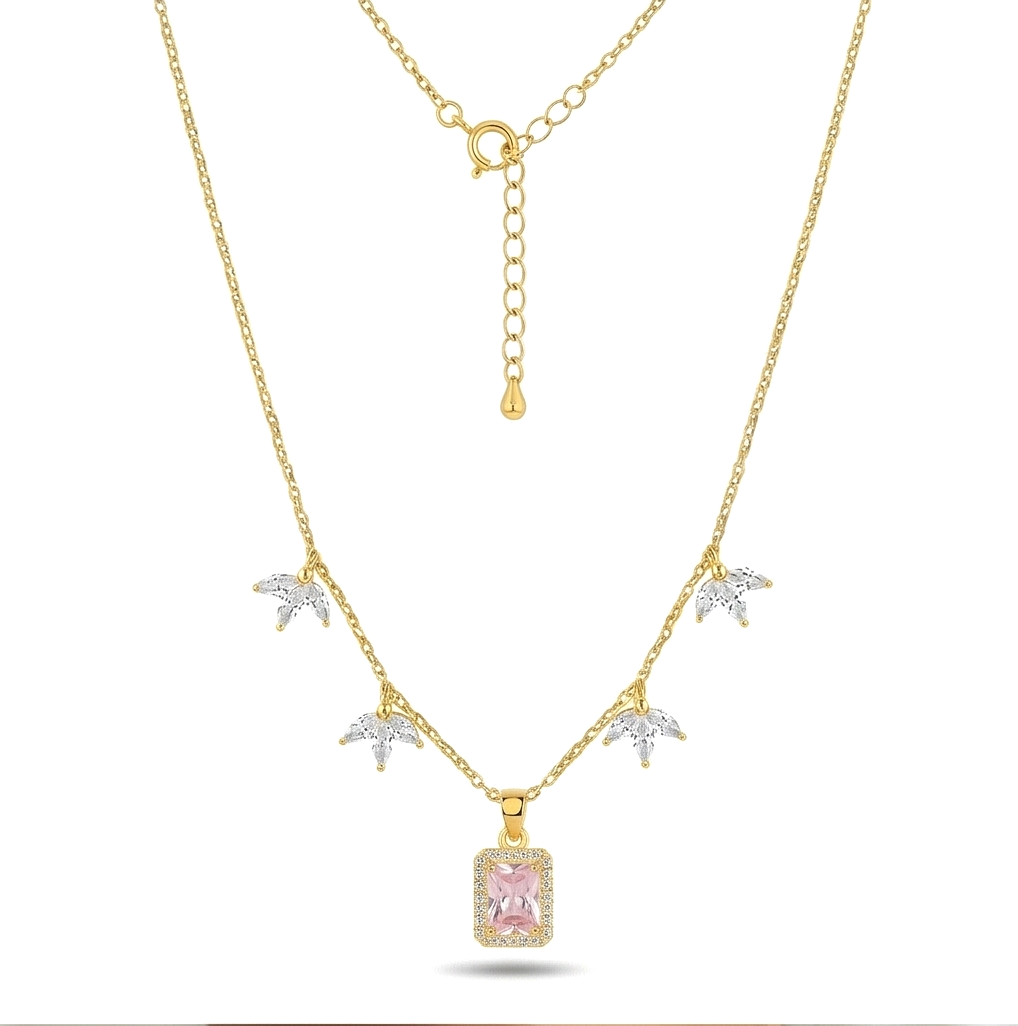 925 Sterling Silver Pink Rectangular Halo Necklace Jewellery for Women with Gold Finish