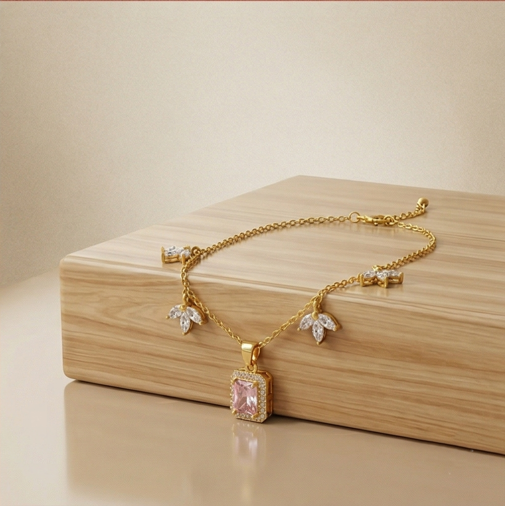 925 Sterling Silver Pink Rectangular Halo Necklace Jewellery for Women with Gold Finish