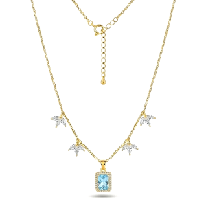 925 Sterling Silver Blue Rectangular Halo Necklace Jewellery for Women with Gold Finish