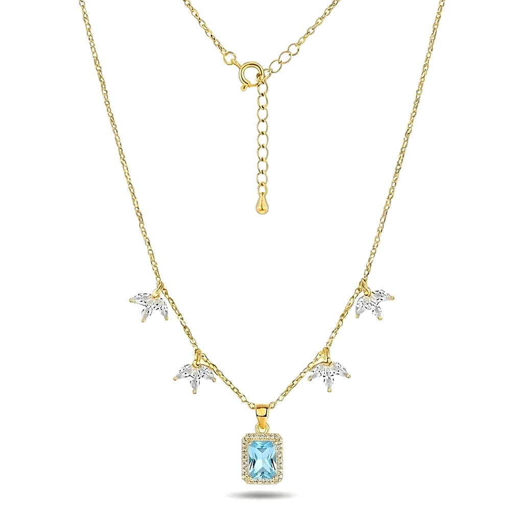 925 Sterling Silver Blue Rectangular Halo Necklace Jewellery for Women with Gold Finish