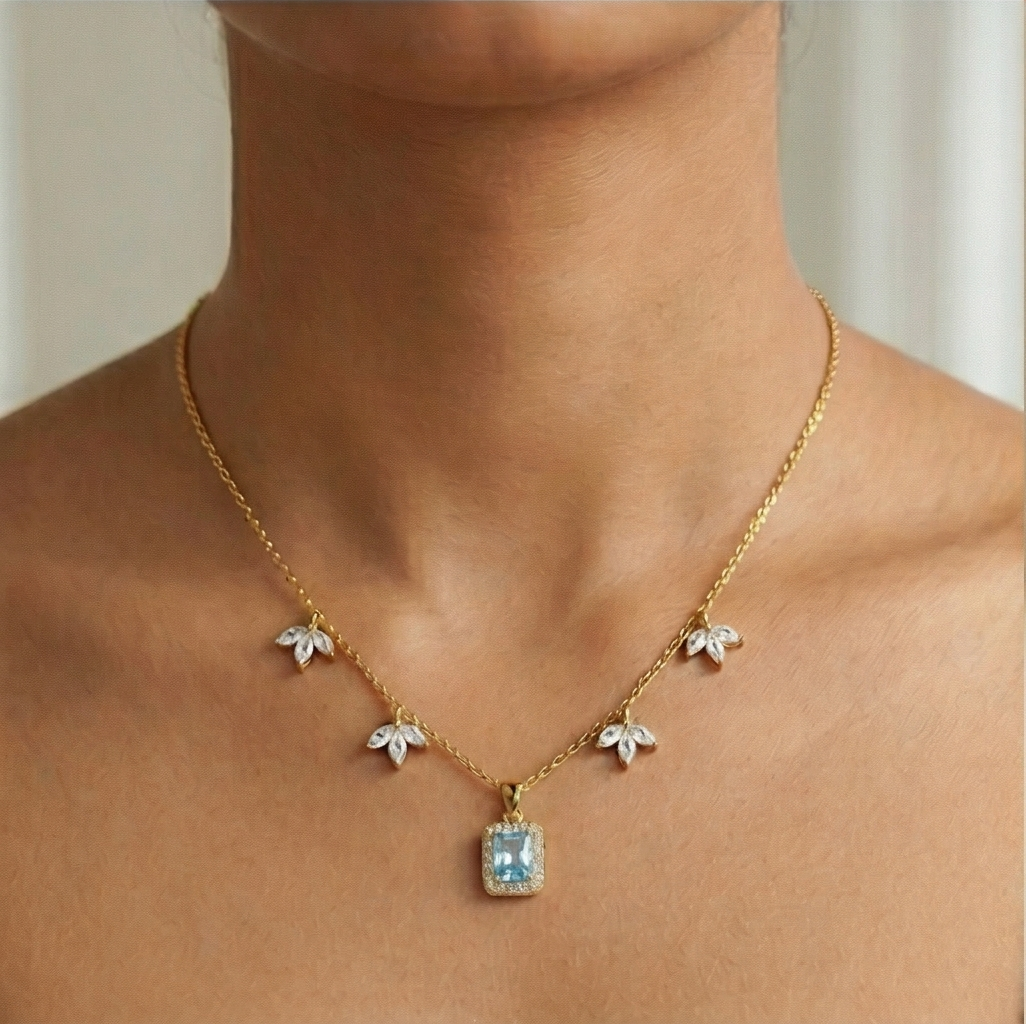 925 Sterling Silver Blue Rectangular Halo Necklace Jewellery for Women with Gold Finish