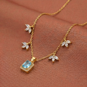 925 Sterling Silver Blue Rectangular Halo Necklace Jewellery for Women with Gold Finish