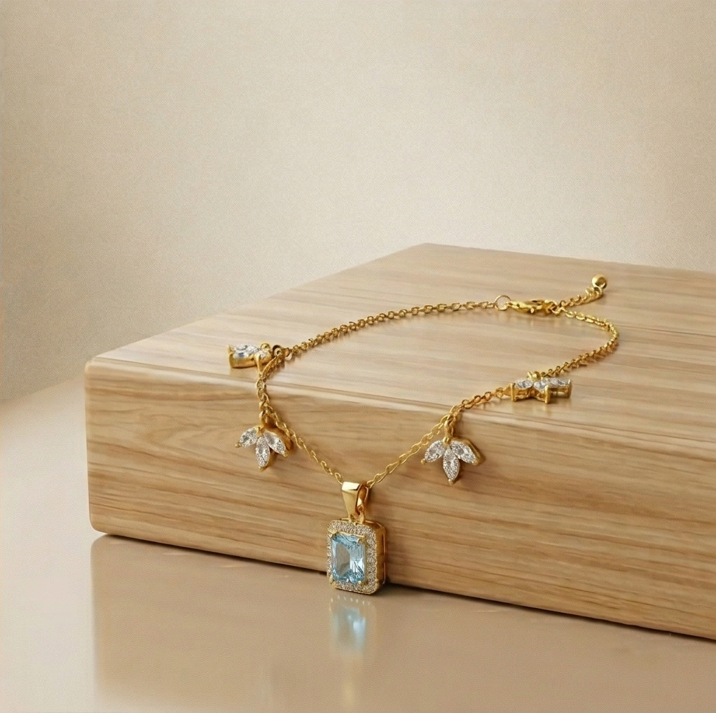 925 Sterling Silver Blue Rectangular Halo Necklace Jewellery for Women with Gold Finish