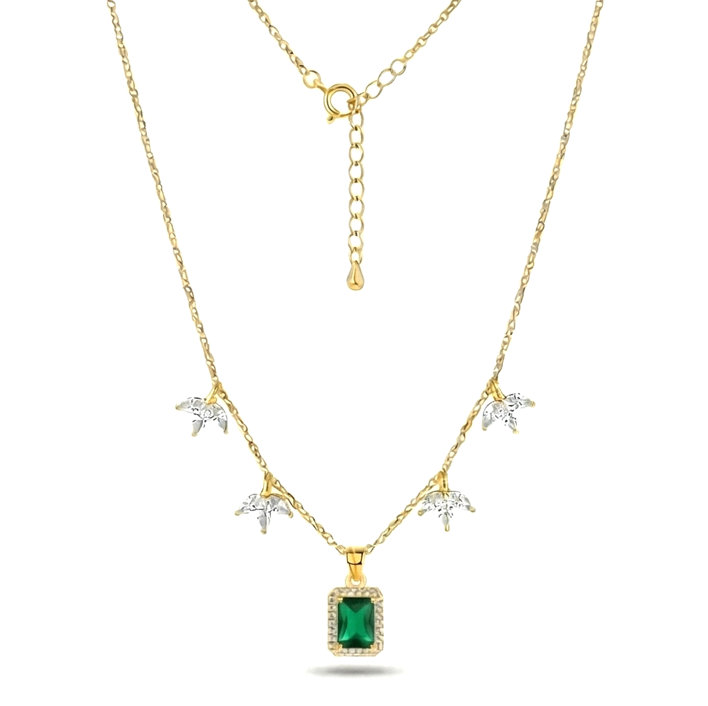 925 Sterling Silver Green Rectangular Halo Necklace Jewellery for Women with Gold Finish