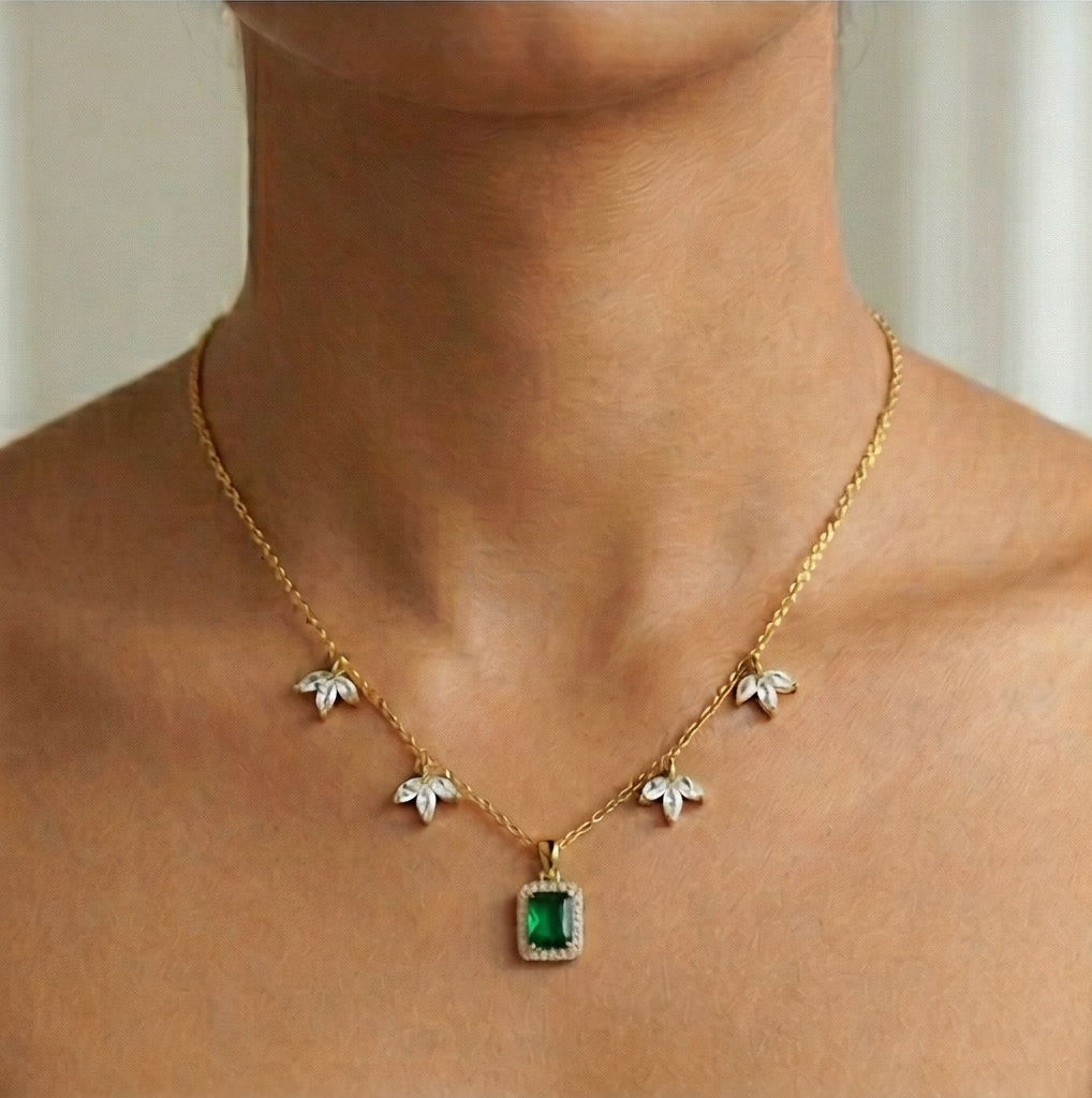 925 Sterling Silver Green Rectangular Halo Necklace Jewellery for Women with Gold Finish