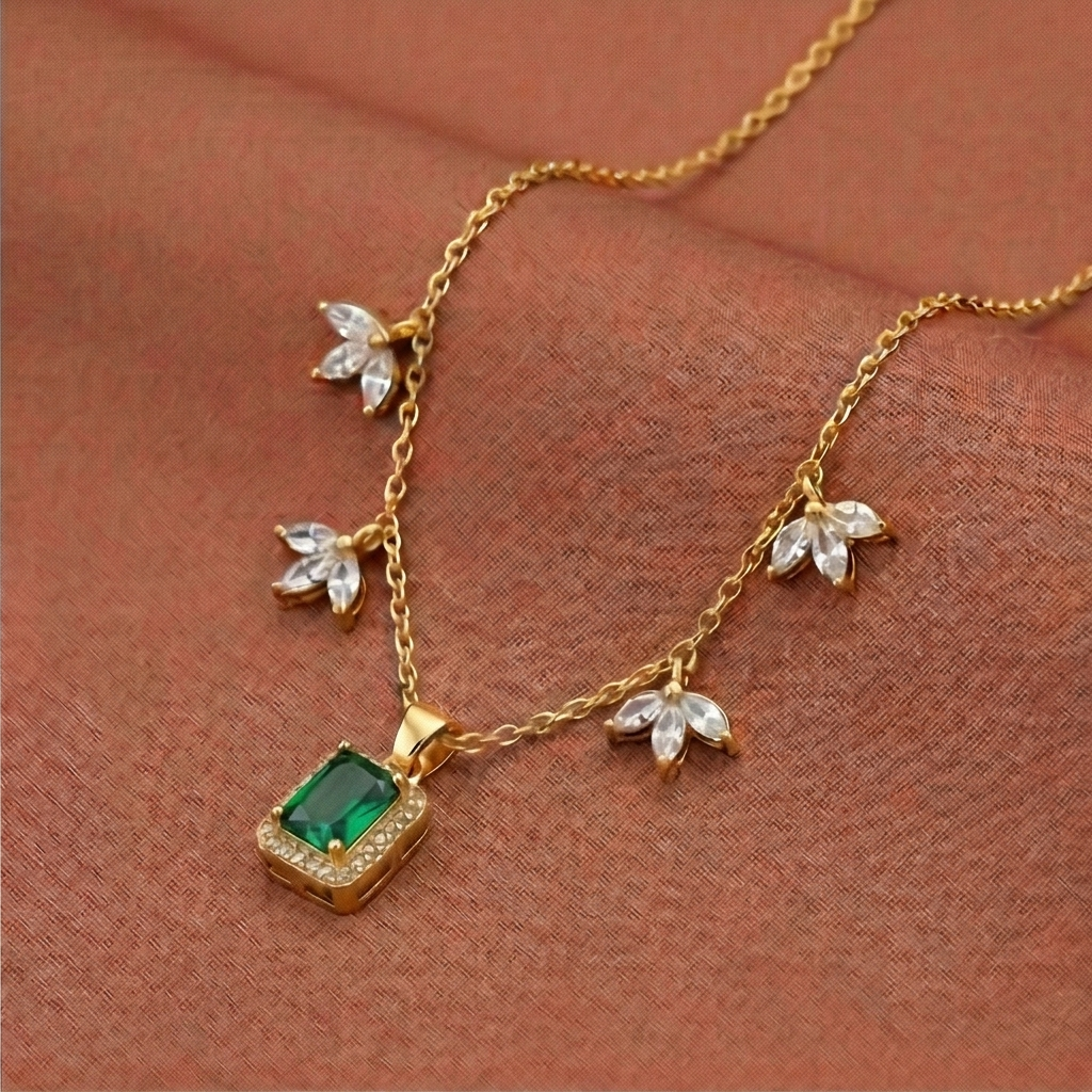 925 Sterling Silver Green Rectangular Halo Necklace Jewellery for Women with Gold Finish