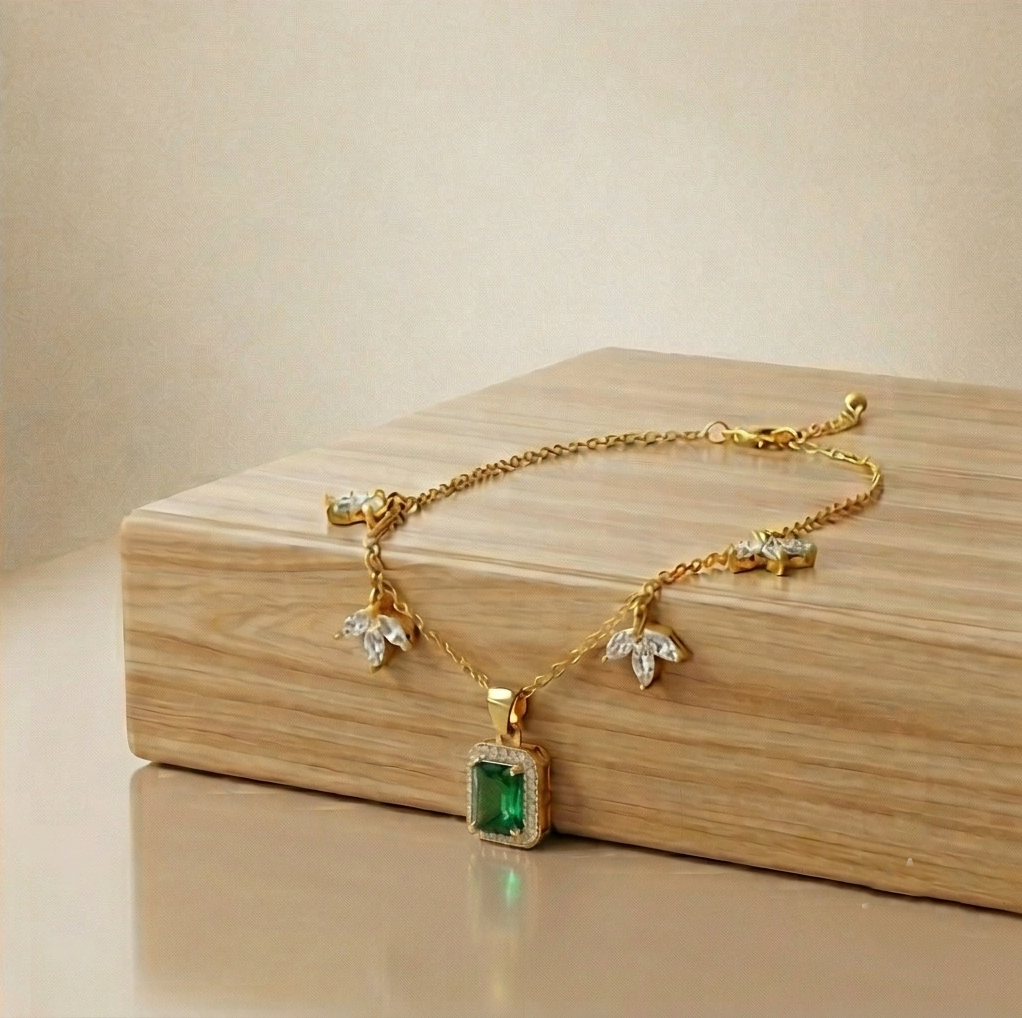 925 Sterling Silver Green Rectangular Halo Necklace Jewellery for Women with Gold Finish