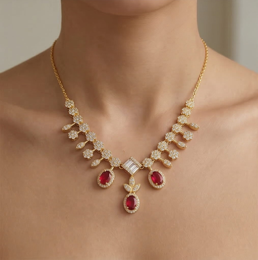 925 Sterling Silver Gold Plated Statement Red Gemstone Necklace Jewellery for Women