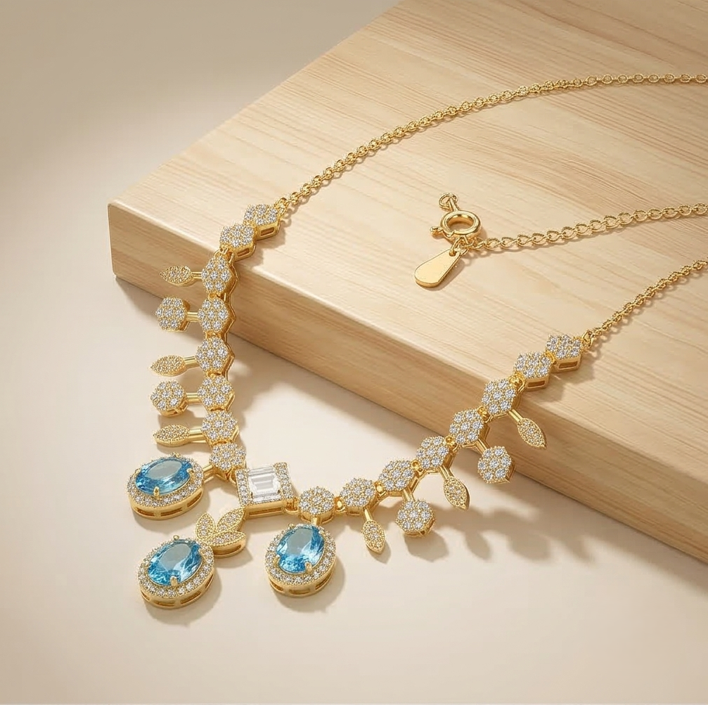 925 Sterling Silver Gold Plated Statement Blue Gemstone Necklace Jewellery for Women