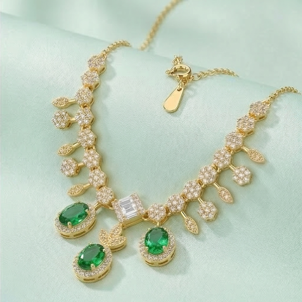 925 Sterling Silver Gold Plated Emerald Green Statement Drop Necklace Jewellery
