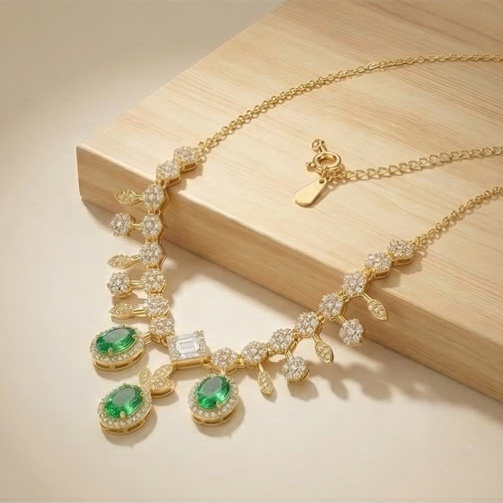 925 Sterling Silver Gold Plated Emerald Green Statement Drop Necklace Jewellery