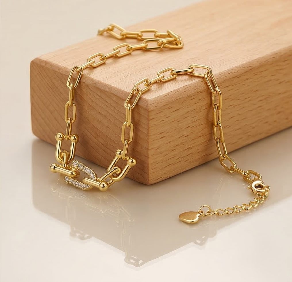 925 Sterling Silver Gold Plated U-Link Chain Choker Necklace Jewellery
