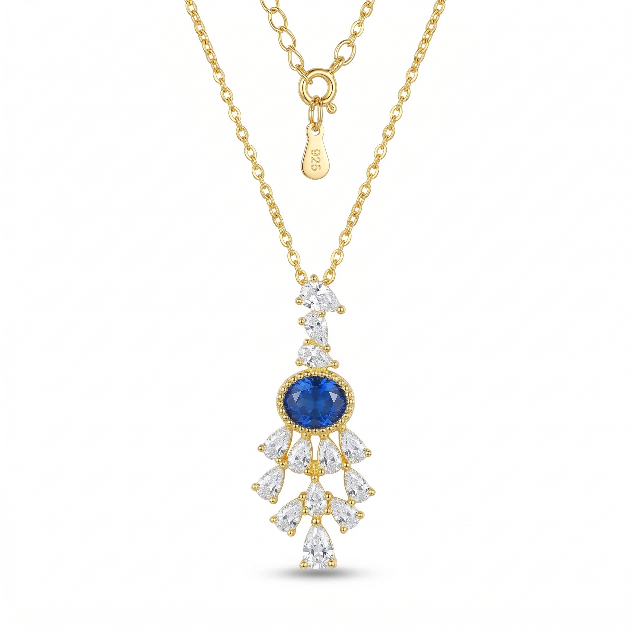 925 Sterling Silver Gold Plated Blue Chandelier Pendant Necklace Jewellery