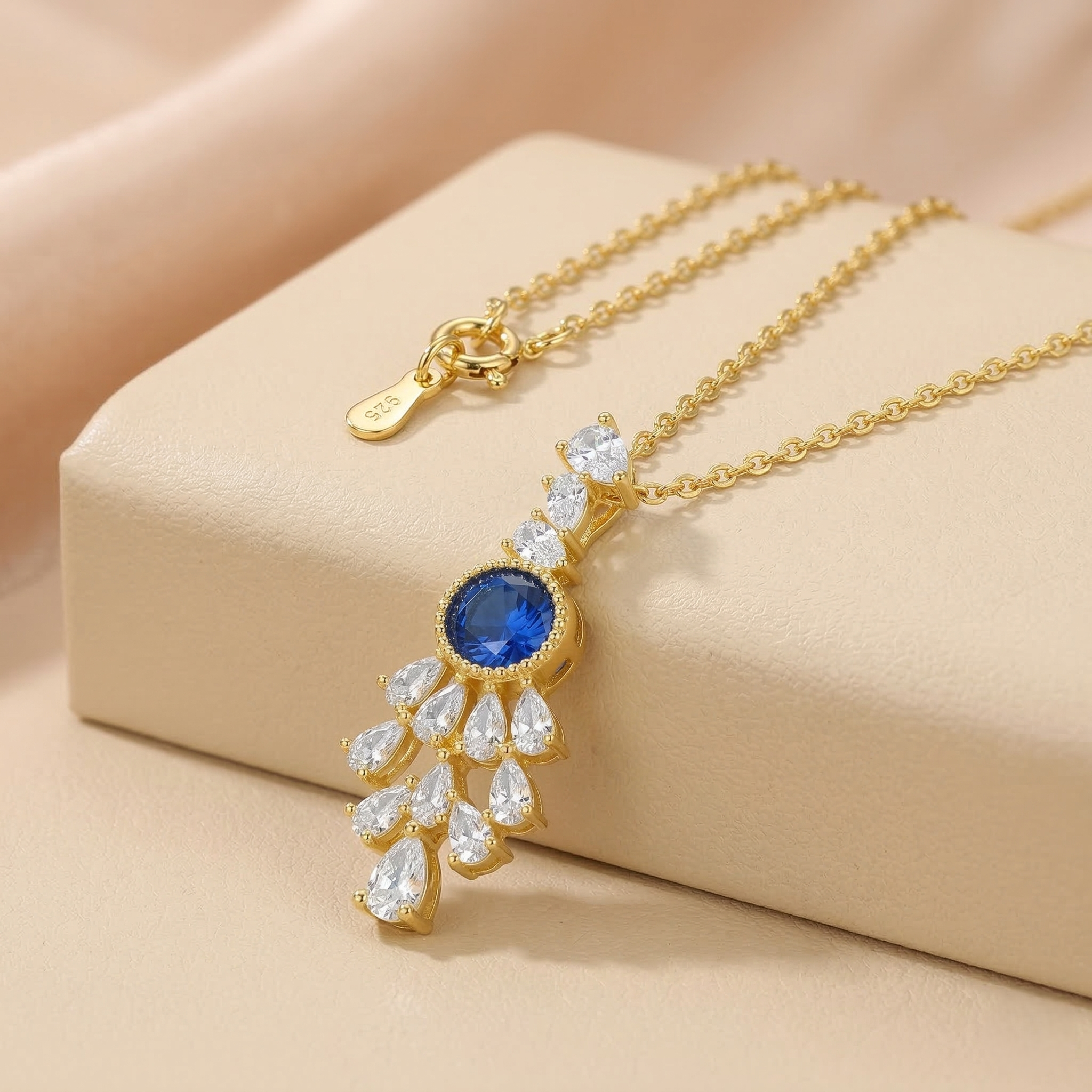 925 Sterling Silver Gold Plated Blue Chandelier Pendant Necklace Jewellery