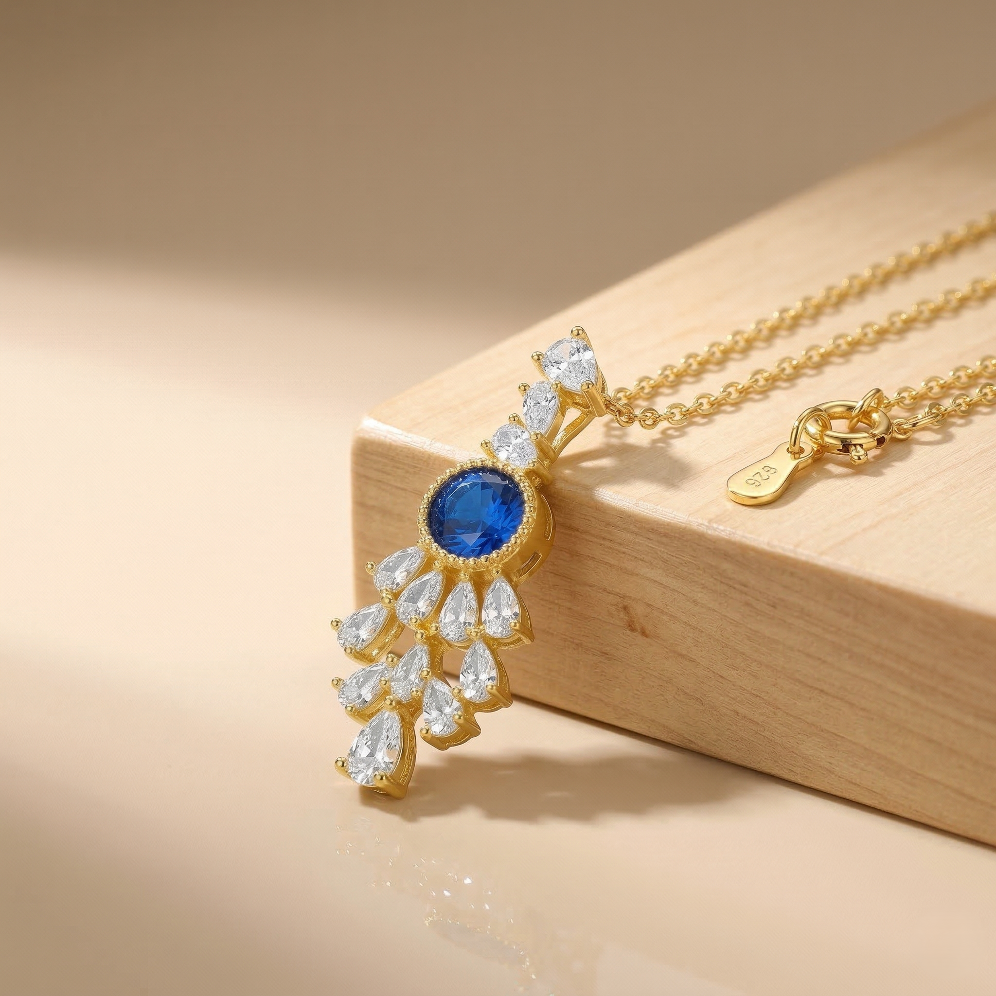 925 Sterling Silver Gold Plated Blue Chandelier Pendant Necklace Jewellery