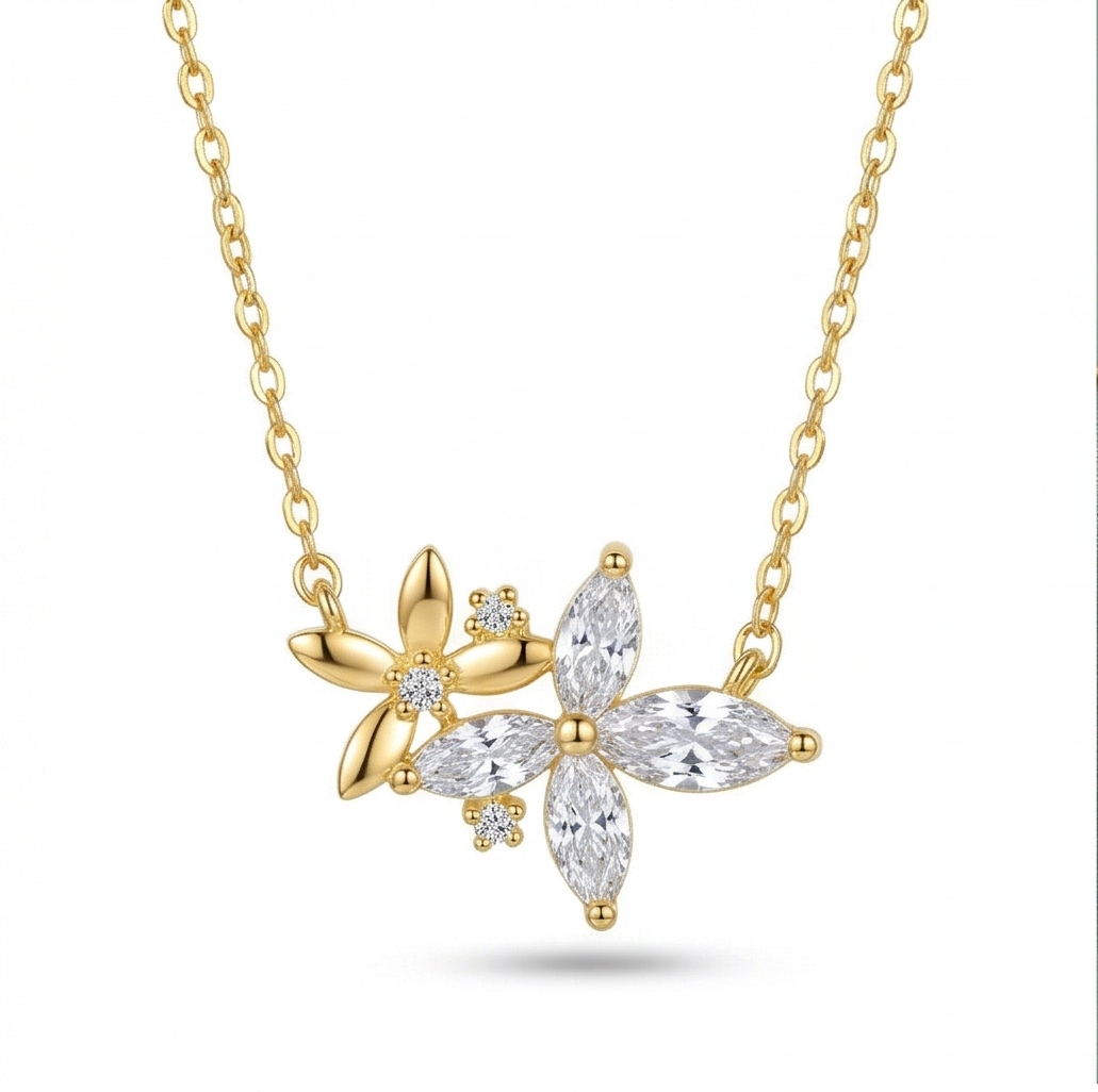 925 Sterling Silver Gold Plated Floral Cluster Necklace Jewellery
