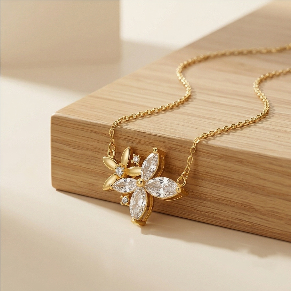 925 Sterling Silver Gold Plated Floral Cluster Necklace Jewellery