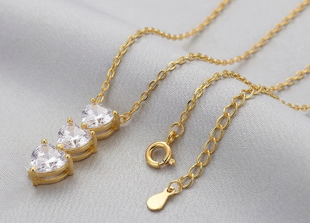 925 Sterling Silver Gold Plated Triple Heart Drop Necklace Jewellery
