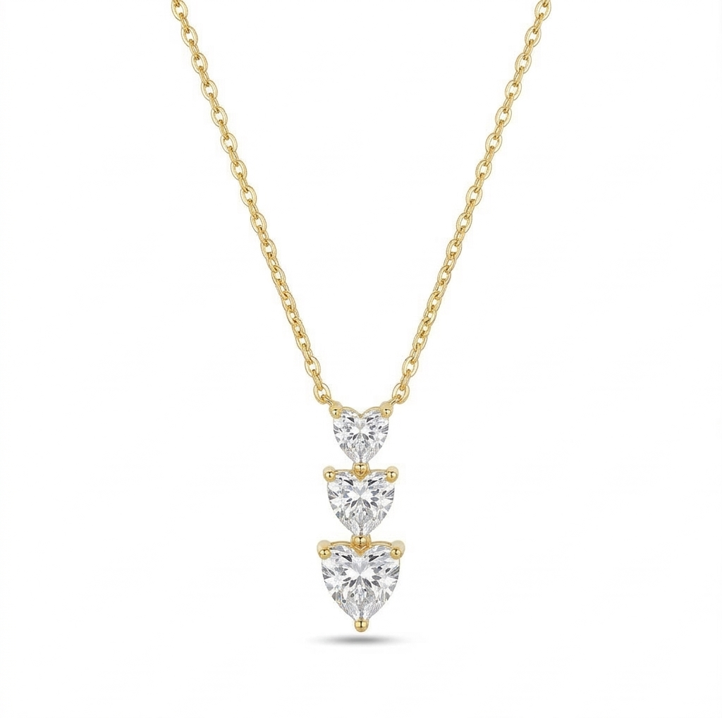 925 Sterling Silver Gold Plated Triple Heart Drop Necklace Jewellery