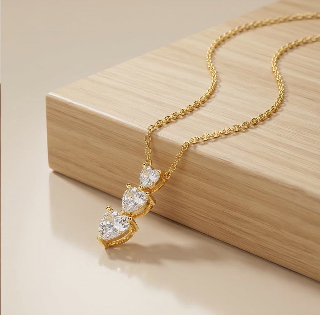 925 Sterling Silver Gold Plated Triple Heart Drop Necklace Jewellery