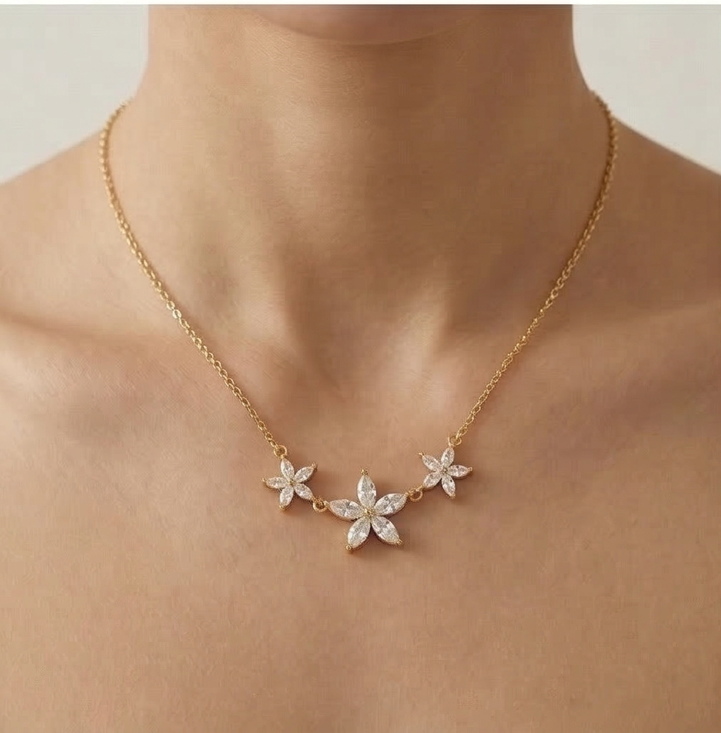 925 Sterling Silver Gold Plated Triple Floral Station Necklace Jewellery