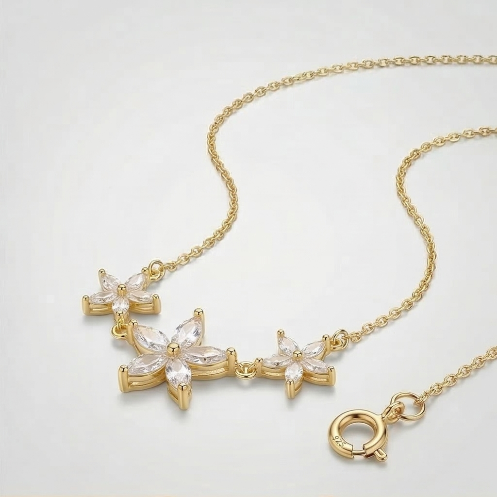 925 Sterling Silver Gold Plated Triple Floral Station Necklace Jewellery