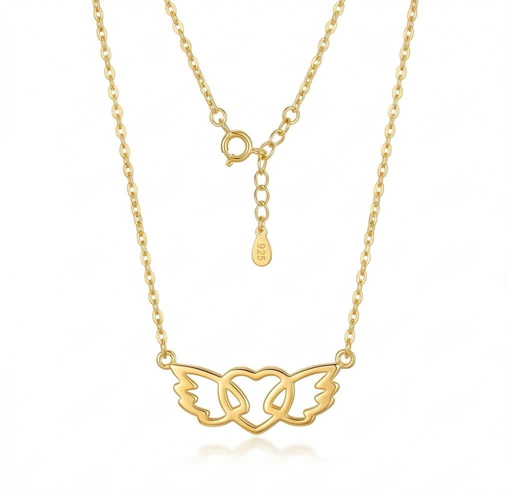 925 Sterling Silver Gold Plated Angel Wing Heart Pendant Necklace Jewellery for Girls