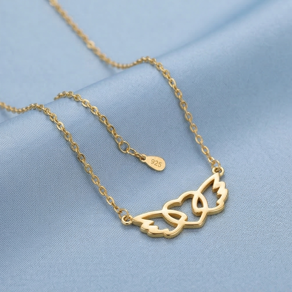 925 Sterling Silver Gold Plated Angel Wing Heart Pendant Necklace Jewellery for Girls