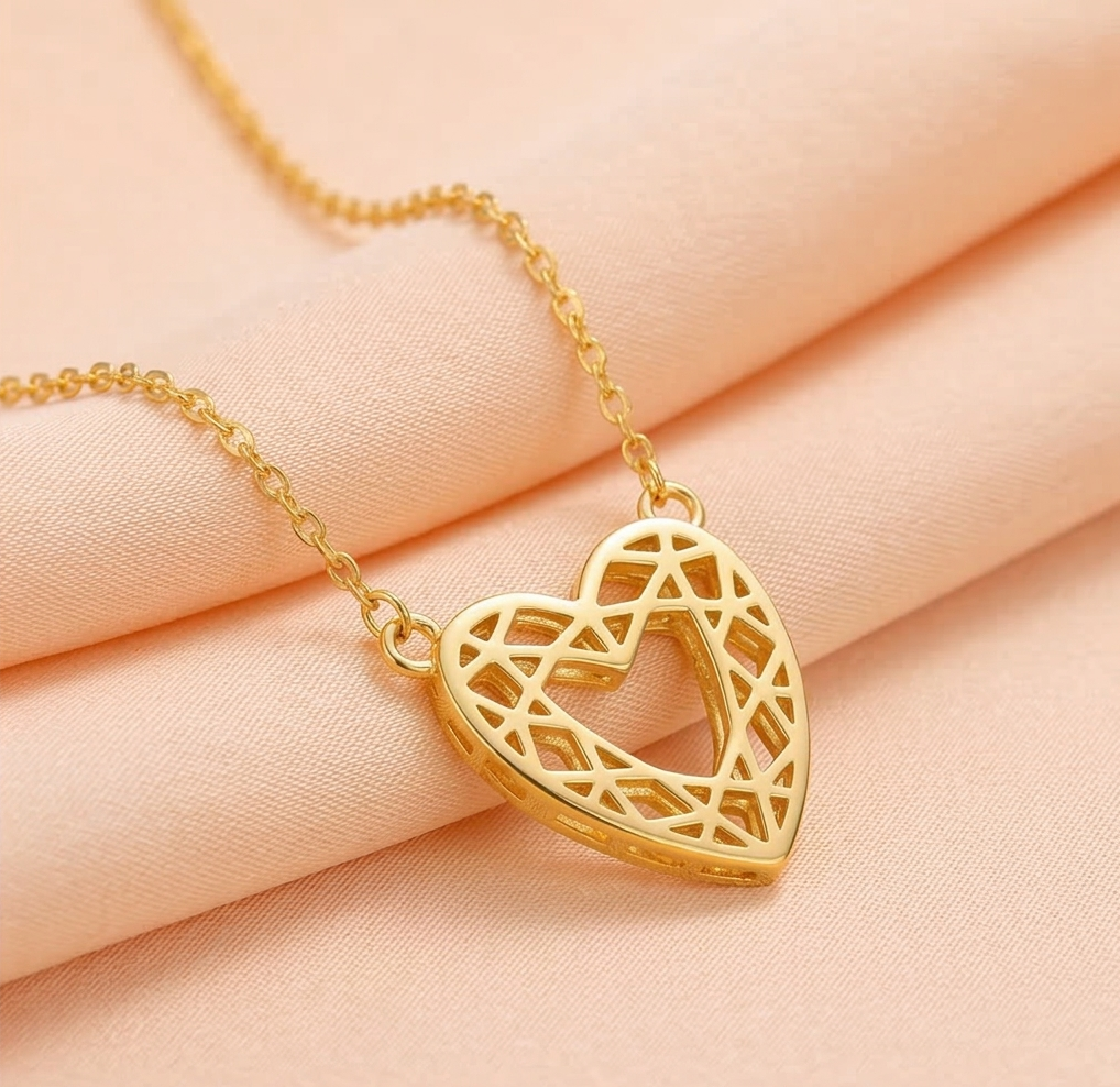 925 Sterling Silver Gold Plated Geometric Openwork Heart Necklace Jewellery for Women