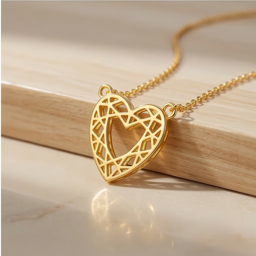 925 Sterling Silver Gold Plated Geometric Openwork Heart Necklace Jewellery for Women
