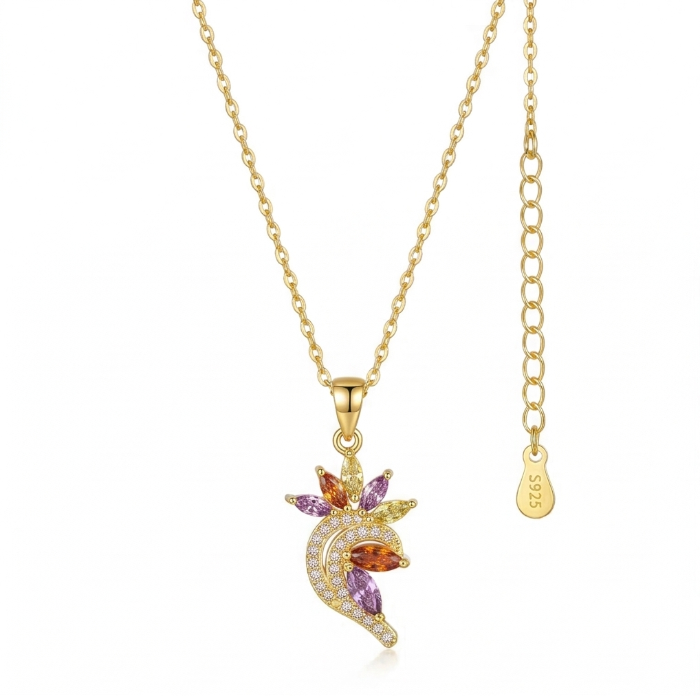 925 Sterling Silver Gold Plated Multi-Color Floral Pendant Necklace Jewellery for Women