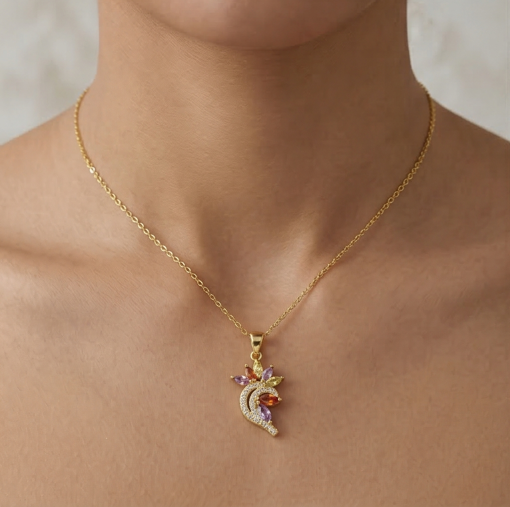 925 Sterling Silver Gold Plated Multi-Color Floral Pendant Necklace Jewellery for Women