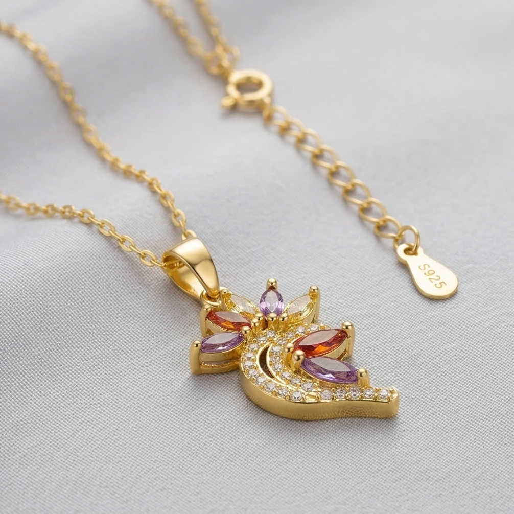925 Sterling Silver Gold Plated Multi-Color Floral Pendant Necklace Jewellery for Women