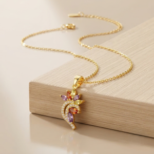925 Sterling Silver Gold Plated Multi-Color Floral Pendant Necklace Jewellery for Women