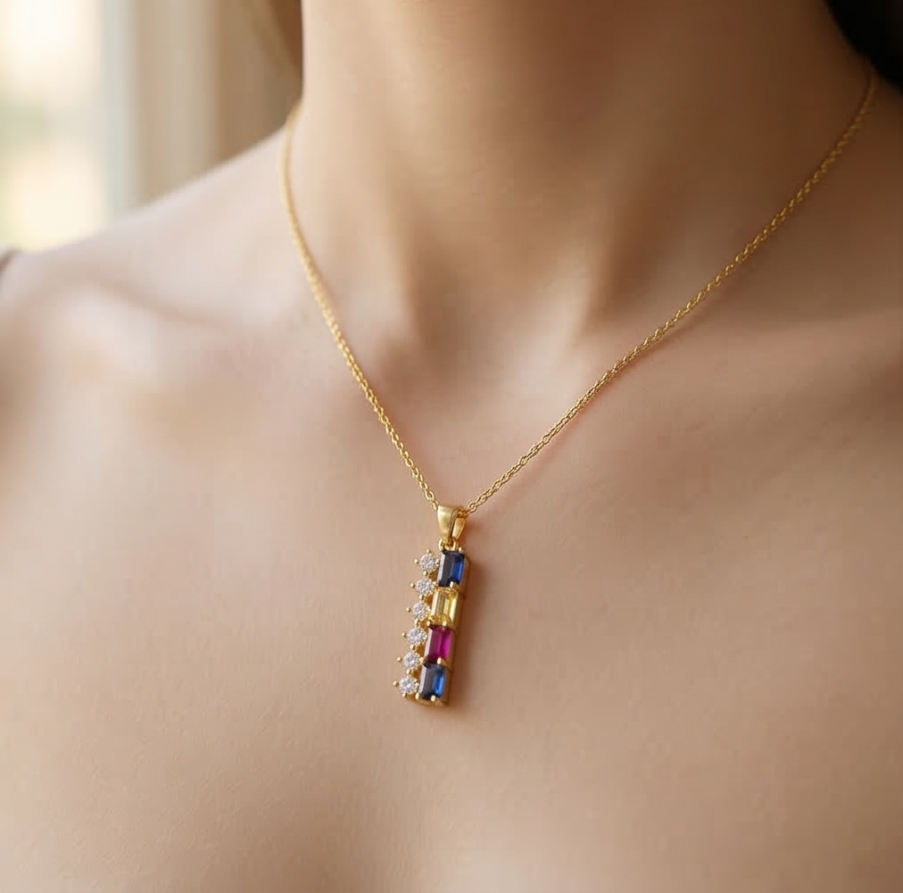 925 Sterling Silver Gold Plated Colorful Vertical Bar Pendant Necklace Jewellery for Women